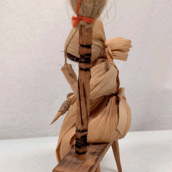 Vintage Hand Made Cornhusk Doll Pair Mom Daughter Woman Spinning Yarn Folk Art - Picture 4 of 16